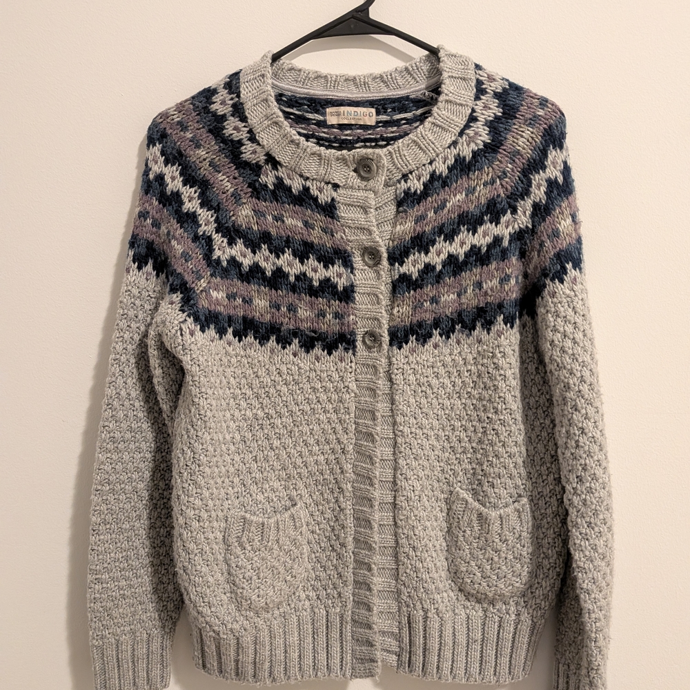 Marks & Spencer Light Gray Fair Isle Knit Cardigan with Navy & Mauve Accents
